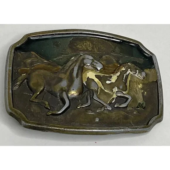 VINTAGE Wild Horses Solid Brass Belt Buckle Enamel U.S.A. Western Rustic Cowboy - Picture 3 of 10